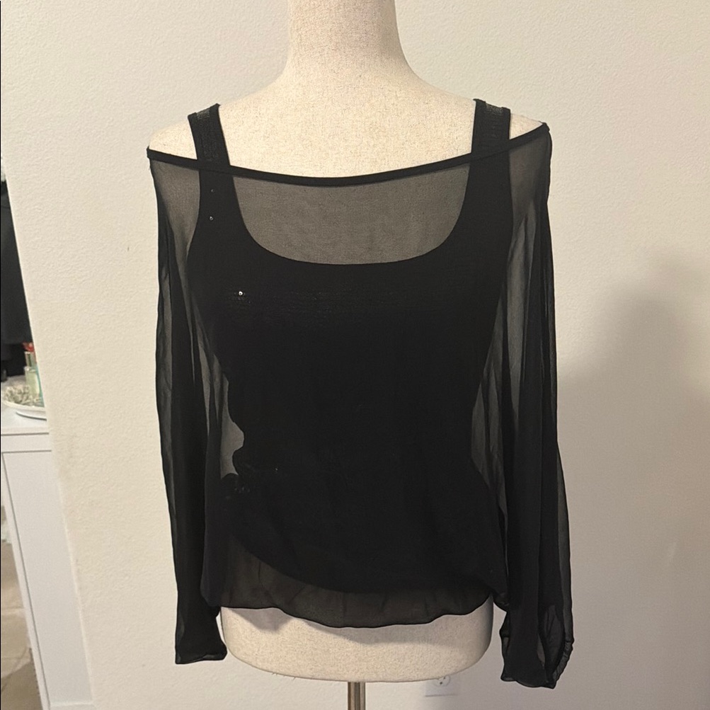Bailey 44 Black Sheer Off-Shoulder Layered Blouse